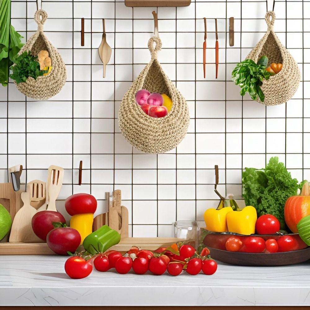 Cotton Rope Wall Hanging Fruit Baskets Breathable Boho Onion Container Vintage storage bag  Ginger