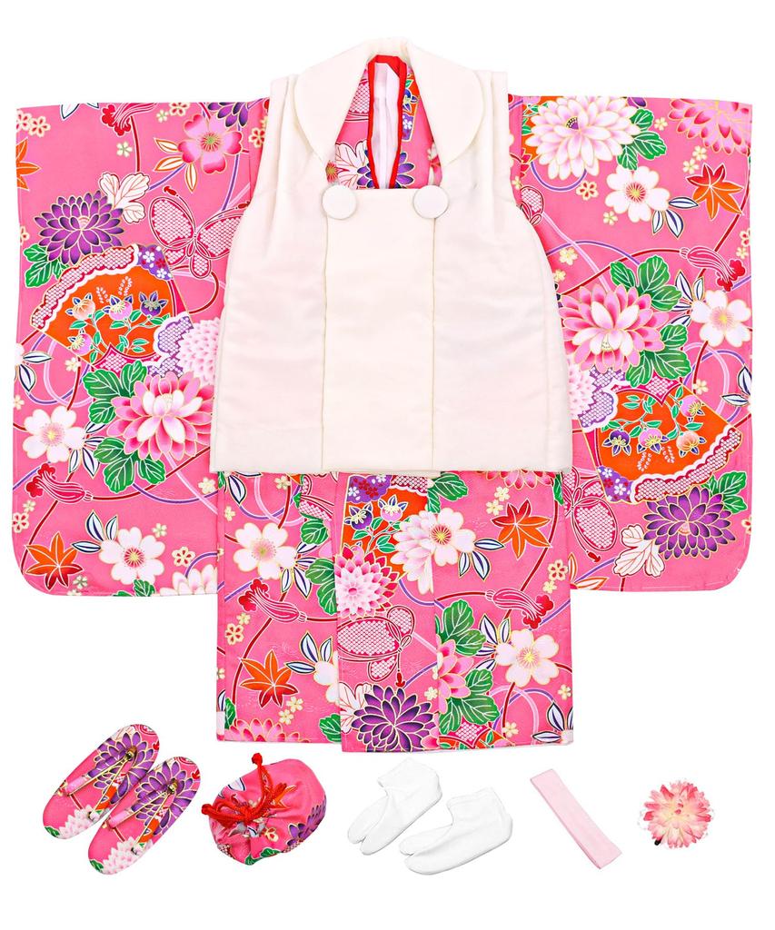 Shichigosan girls kimono plain full set 753 Yumemi peach purple [KYOETSU] [Kyoetsu] 3-year-old set, hifu, accessories, (5. flower, 90-100cm)