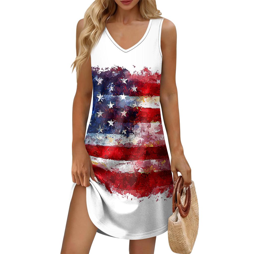 Women's Summer Casual Sun Skirt With Pocket V-Neck Independence Day Printed Loose Vest Dress