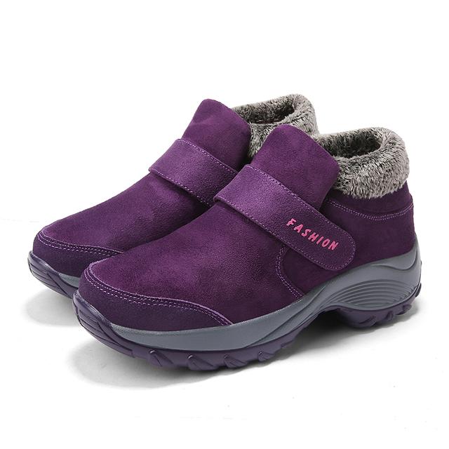 Suede Leather Women Ankle Boots Winter Plush Lined Outdoor Walking Shoes Female Hook Loop Hiking Shoes Class Solid Cotton Boots