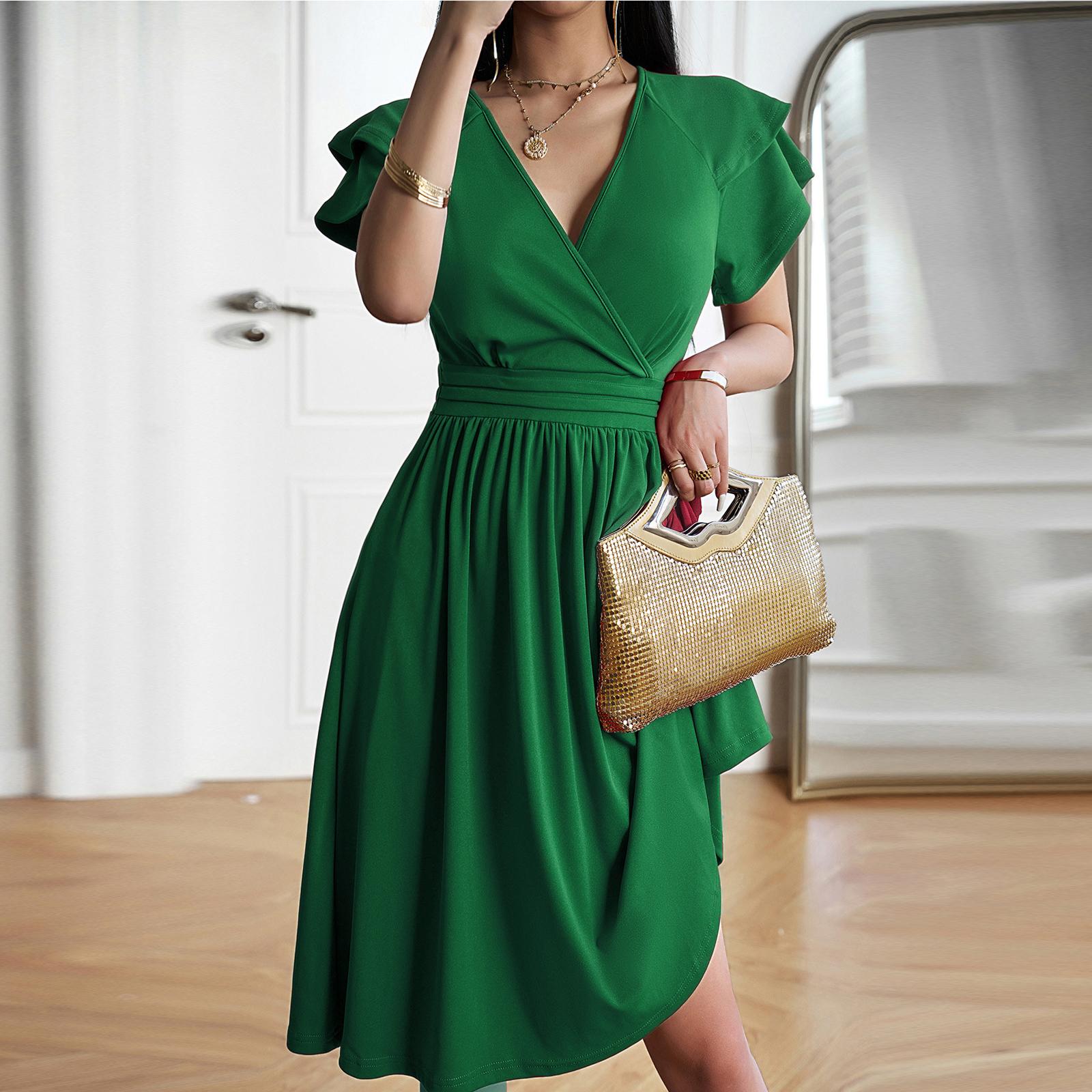 

Women s Casual Fashion V-neck Short Sleeve Retro Retro Dress M зелений