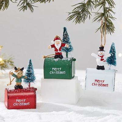 Christmas Mailbox Ornament Metal Mailbox Hanging Decoration with 3D Snowman Santa Elk Tree Figurine Iron Art Letter Box for Tree Home Decor