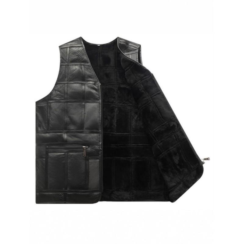 Men's Winter Thickened Thermal Vest with Middle-Aged Checkered V-Neck, Multi-Pocket Straight Hem Punk Sleeveless Jacket