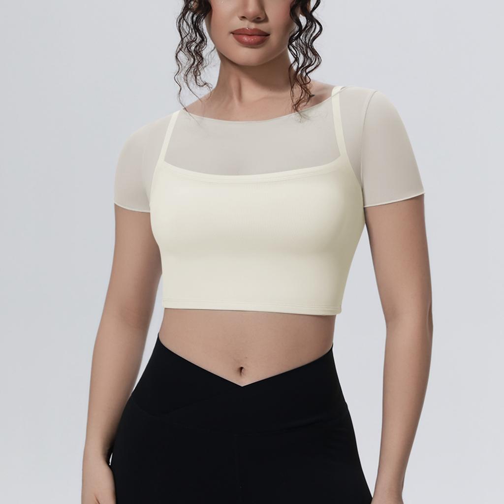 Solid Color Mesh Double-layer Breathable Fake Two-piece Short-sleeved Top Casual Sports Running Fitness Yoga Wear