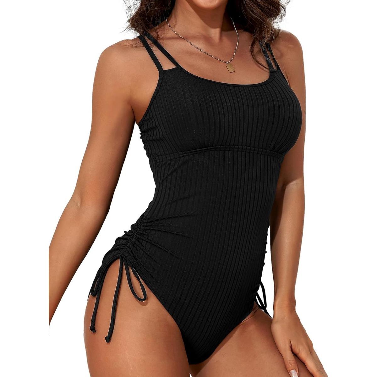 

Charmleaks ребристый цельный купальник женский цельный купальный костюм с завязками сбоку Монокини с высоким вырезом сексуальные купальники XL чёрный
