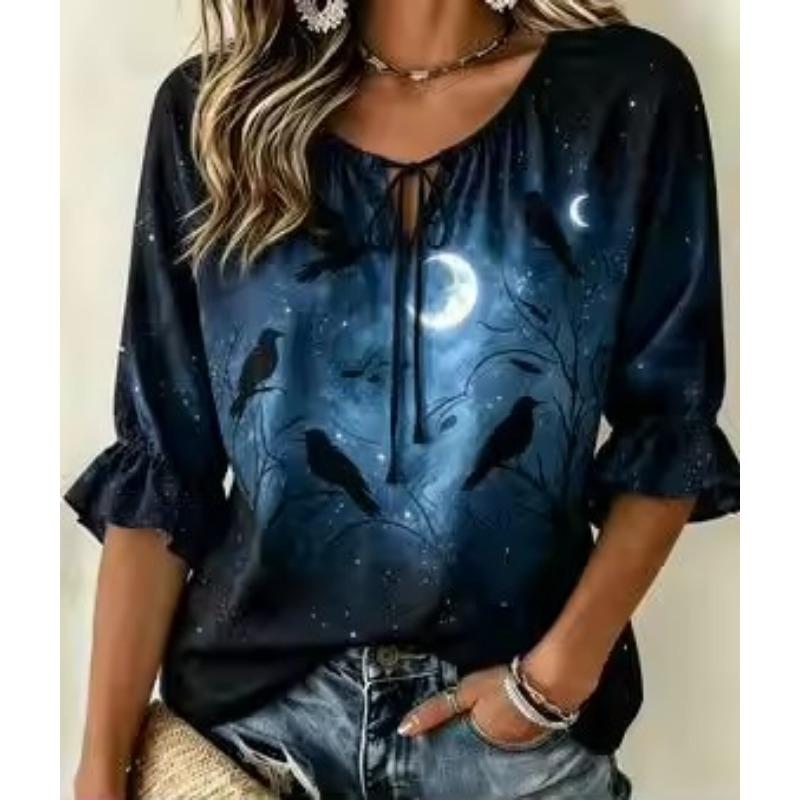 Women's Light Blue Paisley Print Tie Front Blouse, Casual Loose Top for Spring Summer Daily Wear