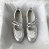 Silver Mary Jane Shoes for Women Sneakers New 2025 Fashion Bowknot Belt Buckle Casual Shoes Soft Leather Platform Walking Flats
