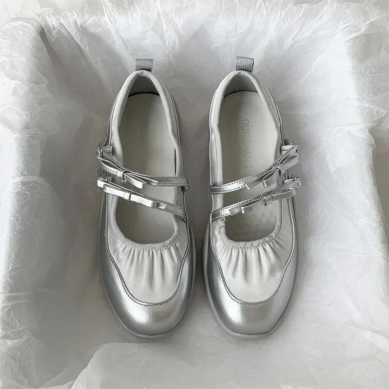 Silver Mary Jane Shoes for Women Sneakers New 2025 Fashion Bowknot Belt Buckle Casual Shoes Soft Leather Platform Walking Flats