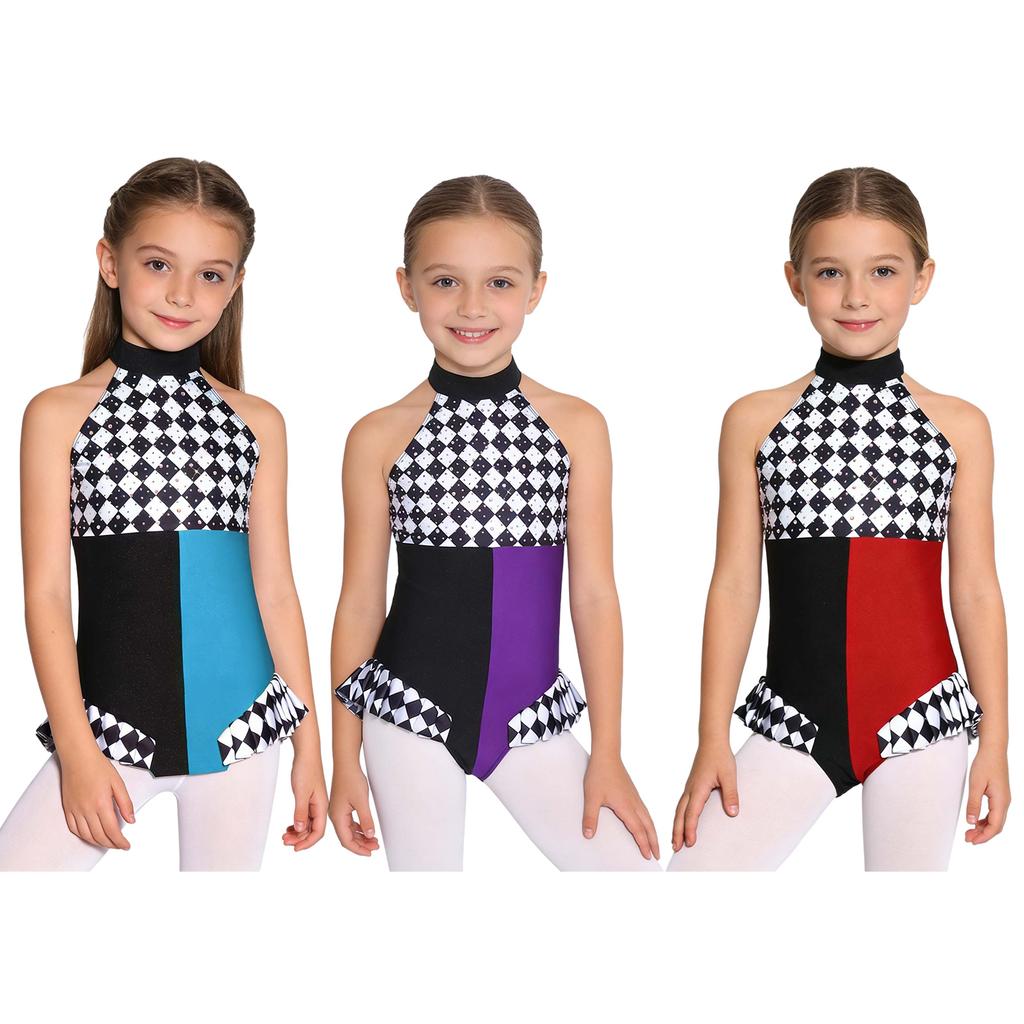 Girls Clown Costume Sparkly Rhinestones Jumpsuit Halter Sleeveless Plaid Pattern Ruffled Trim Bodysuit