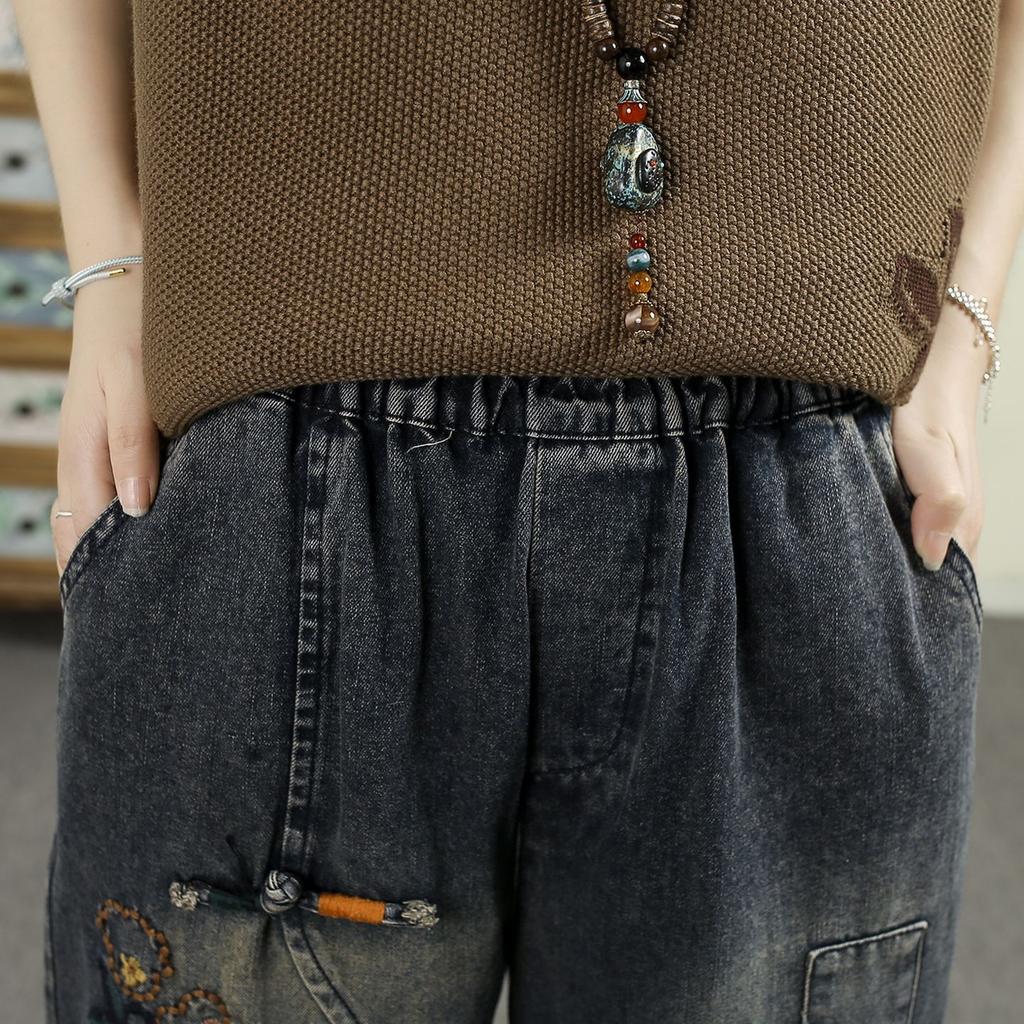 Herbst Neu Elastische Taille Groß Retro Chinesische Stickerei Jeans Harems Hose Damen