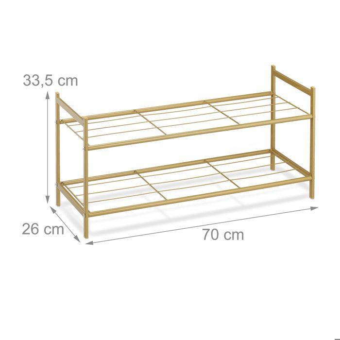 Relaxdays Étagère à chaussures en métal, 2 niveaux, empilable, porte-chaussures HLP 33,5x70x26 cm, pour 6 paires, doré