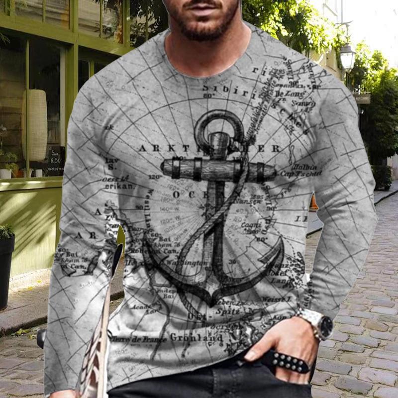 New 3D Ship Hook Print Mens Tshirts Long Sleeve Tees Round Neck Casual Pullover Mens Clothing Plus Size