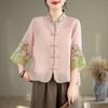 Women Flower Embroidery Vintage Button Shirt Stand Collar Loose Cotton Linen Blouse Summer 3/4 Sleeve Elegant Tops
