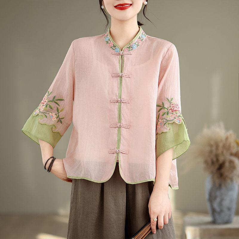 Women Flower Embroidery Vintage Button Shirt Stand Collar Loose Cotton Linen Blouse Summer 3/4 Sleeve Elegant Tops