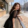 Retro Square Neck Bubble Sleeve Skirt New Summer Thin Medium and Long Dress Mesh Splicing Temperament Dress
