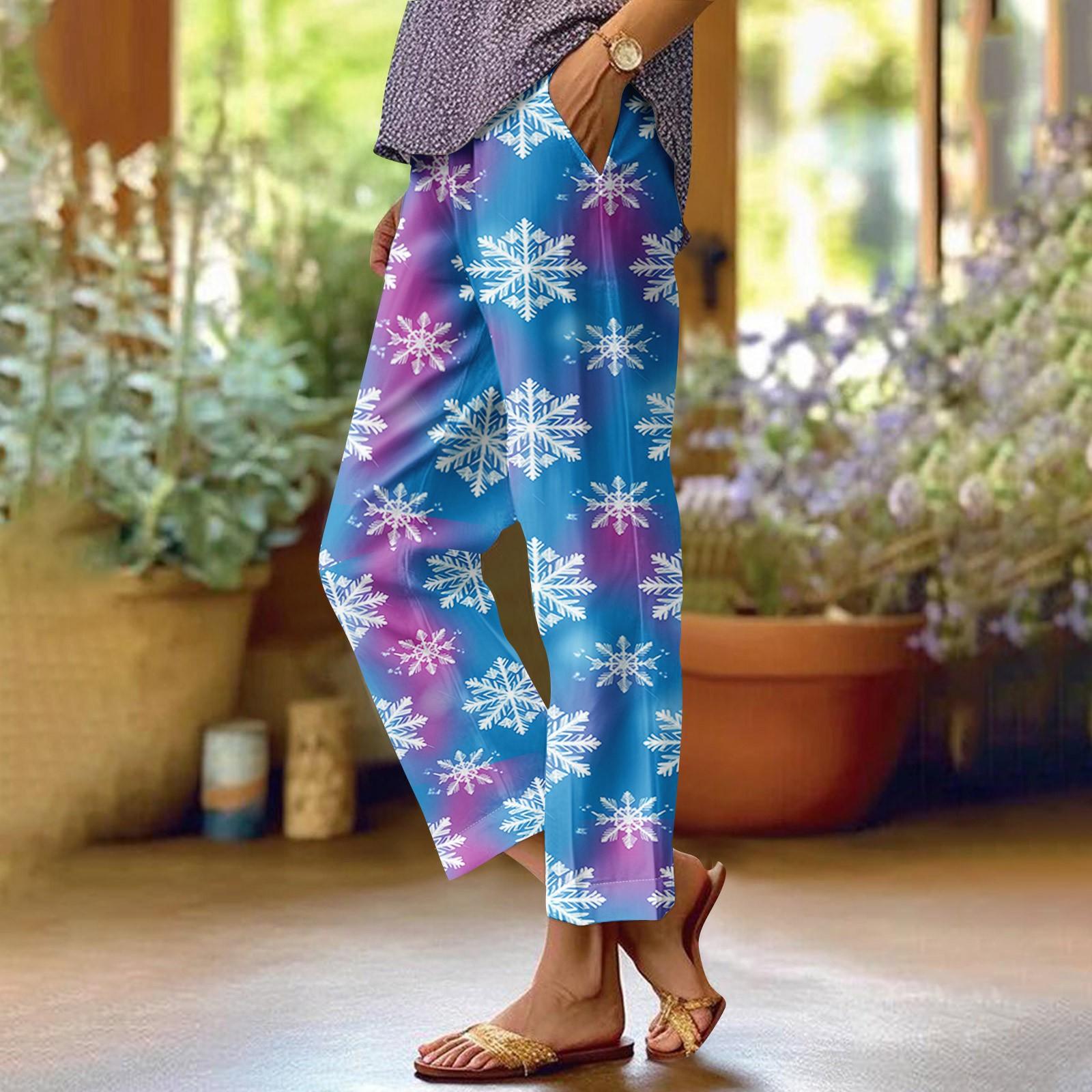 

Женские модные повседневные брюки с прямыми карманами и эластичной талией с рождественским принтом XXXXXL синий