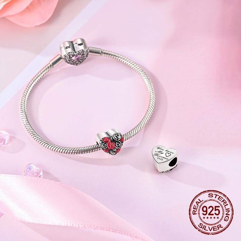 Heart-Shaped Rose Beads Copper Valentine'S Day Dangle Pendant Fit Bangle Bracelet Necklace Diy Jewelry