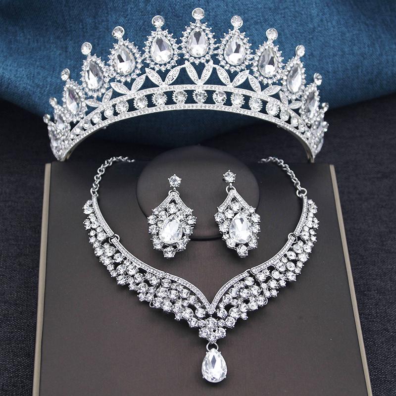 Wspaniałe Królewsko Niebieskie Kryształowe Zestawy Biżuterii Ślubnej Kolorowe Tiary Kolczyki Naszyjniki Zestaw dla Kobiet Suknia Ślubna Korona Zestaw Biżuterii
