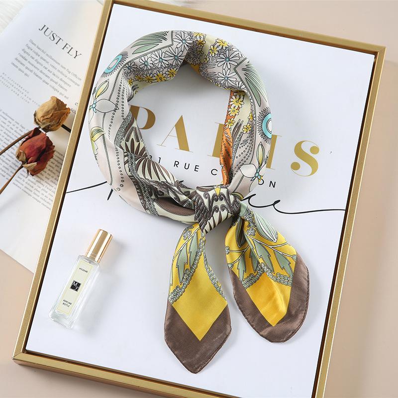 Luxury Spring New Imitated Silk Scarf Women Fashion 70cm Print Square Scarf Soft Satin Headband Shawl Wrap Hijab Foulard Ribbon