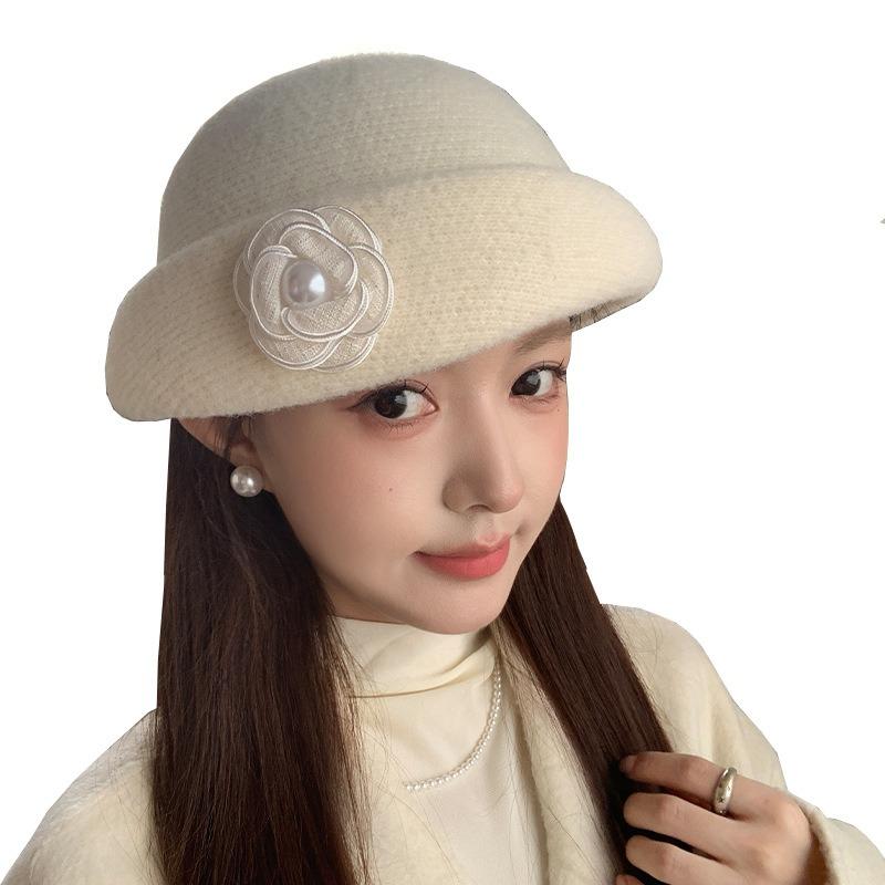 Women S French Style Short Brim Pearl Flower Warm Painter Hat Autumn Winter