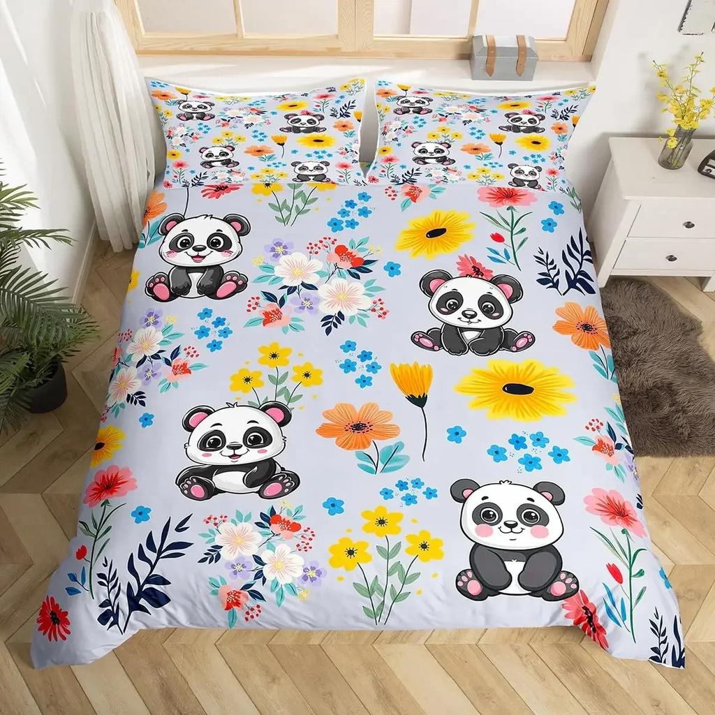 Panda Duvet Cover Cute Cartoon Animal Bedding Set Green Bamboo Print Comforter Cover Lovely Wild Animal Panda Bedspread Cover