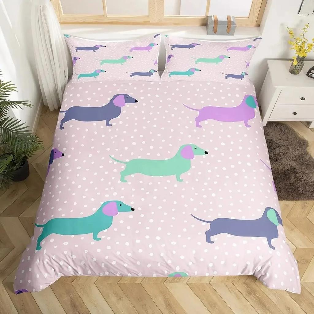 Dachshund Sausage Duvet Cover Set Cartoon Puppy Dog Bedding Set Toddler Weiner Dog Comforter Cover Dachshund Dog Bedspread Cover