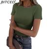 BITCED Women's Short Sleeve Stretch O-Neck Ribbed T-Shirt Fitted Casual Basic Top