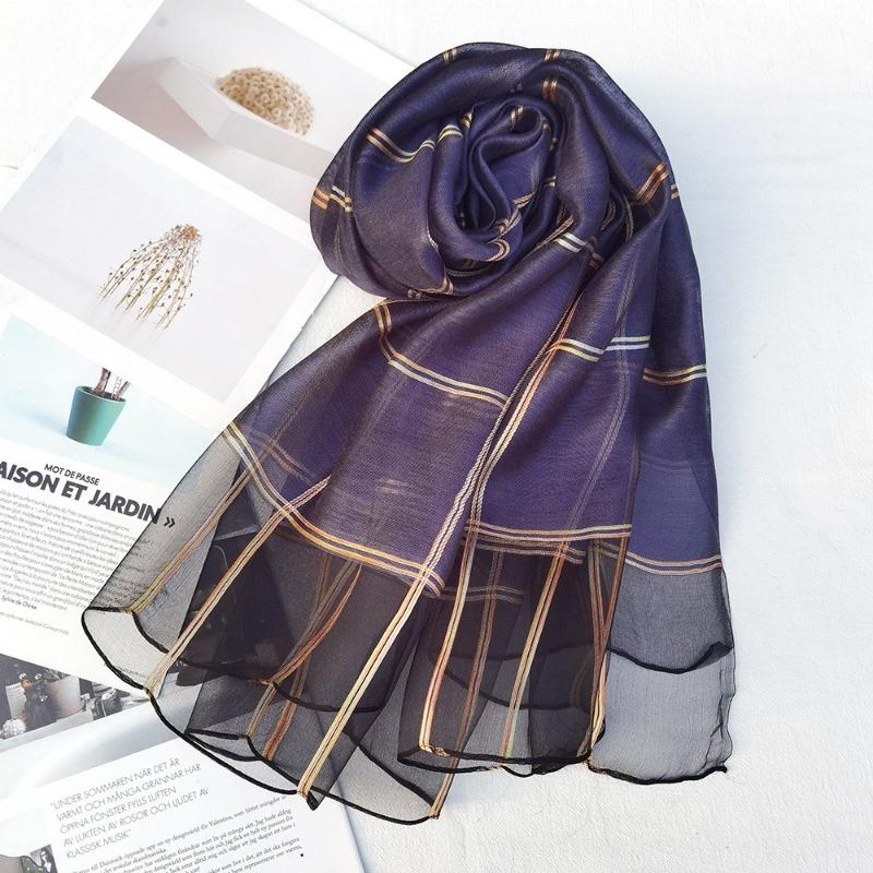 New Checkered Silk Scarf for Women, Solid Color Sunscreen Shawl Gold Thread Mulberry Silk Scarf for Women