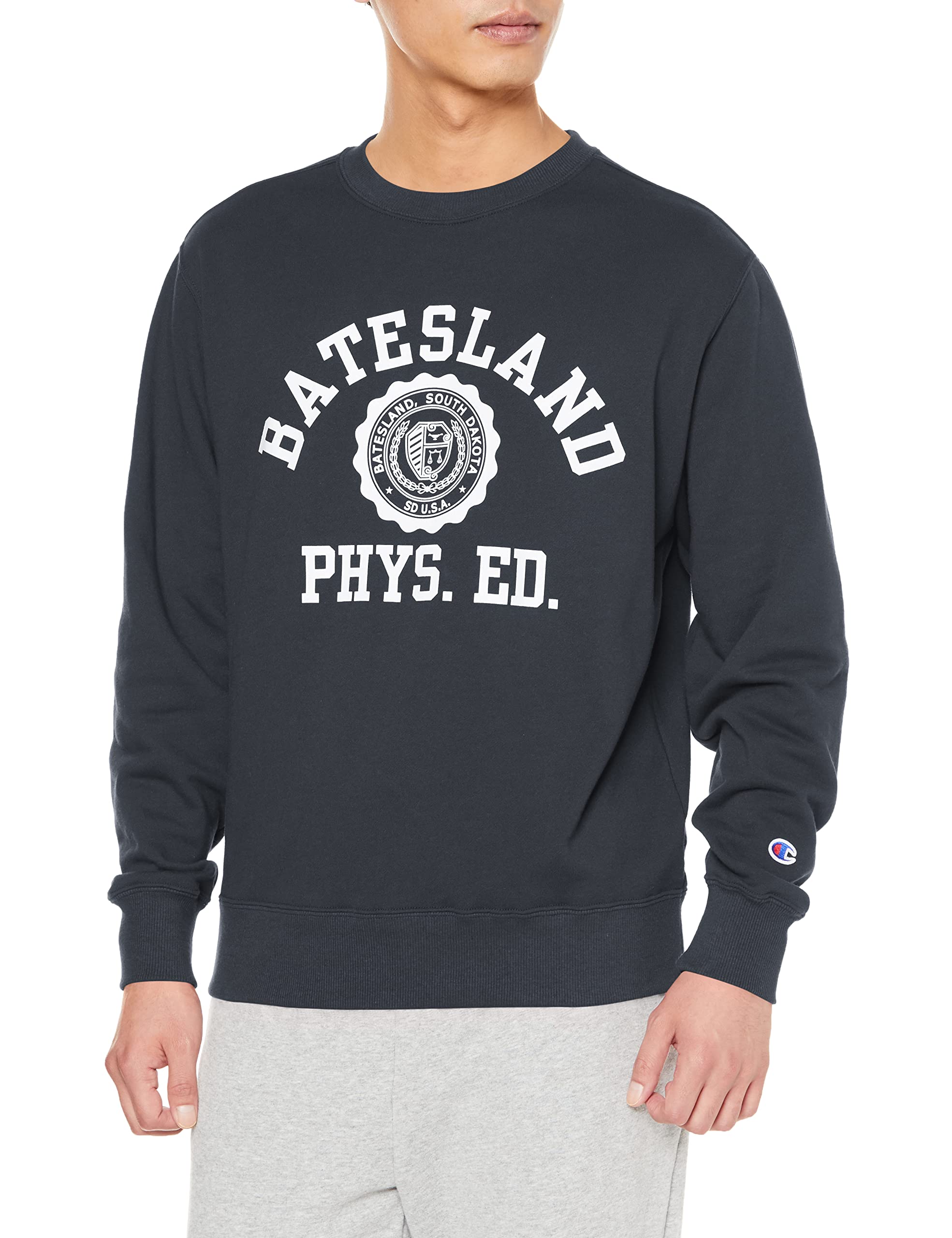 

Champion Long Sleeve Crew Neck Fleece Sweatshirt with Collegiate Style Graphic Size XL Men s Print, Navy, (C3-W020)