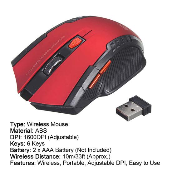 2.4G Wireless 6 Auto Sleep Optical Keys 1600DPI Gaming Mouse Mice for PC