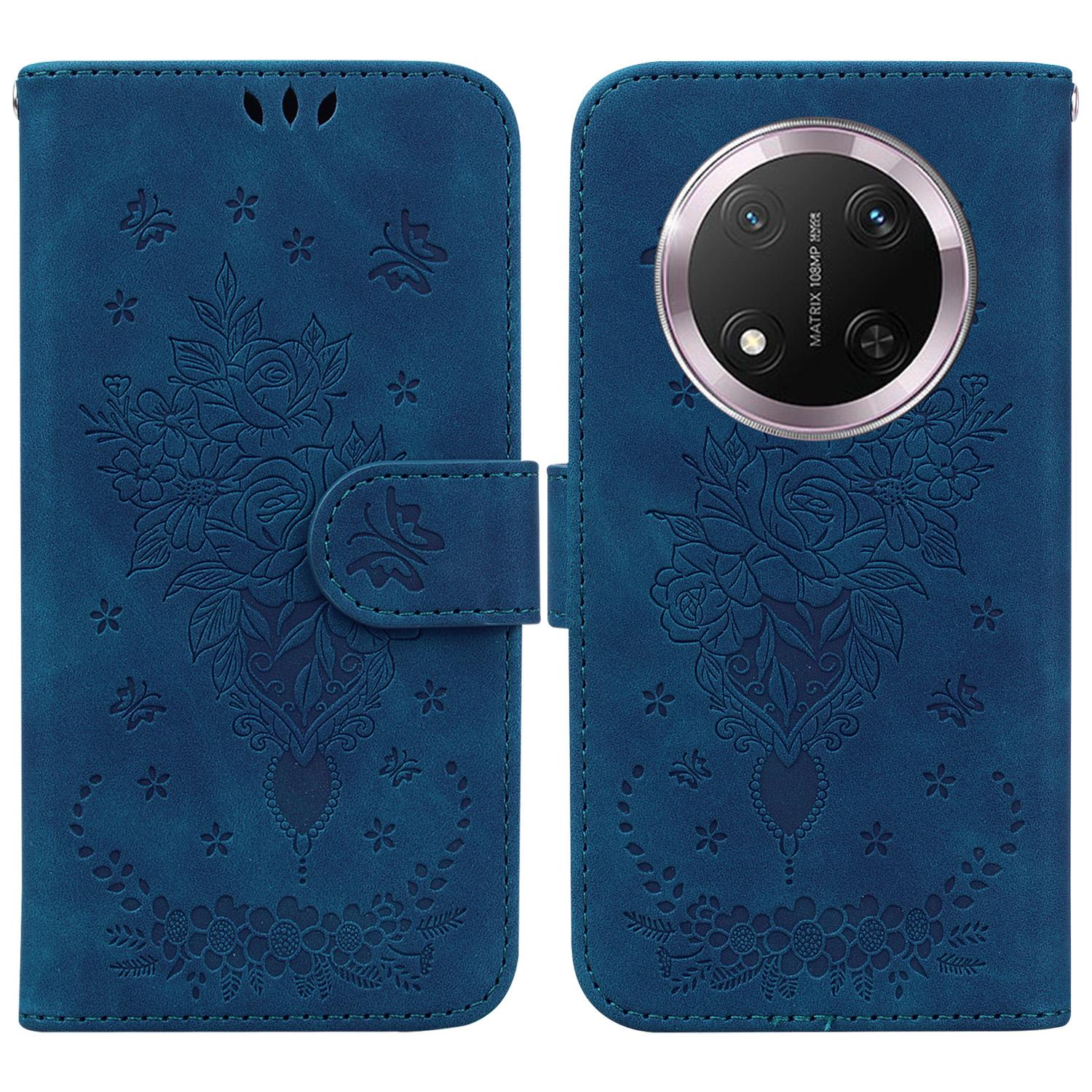 

For Honor Magic7 Lite 5G/X9c 5G/X60 Pro 5G Case PU Leather Wallet Phone Cover Butterfly Flower Imprint Blue