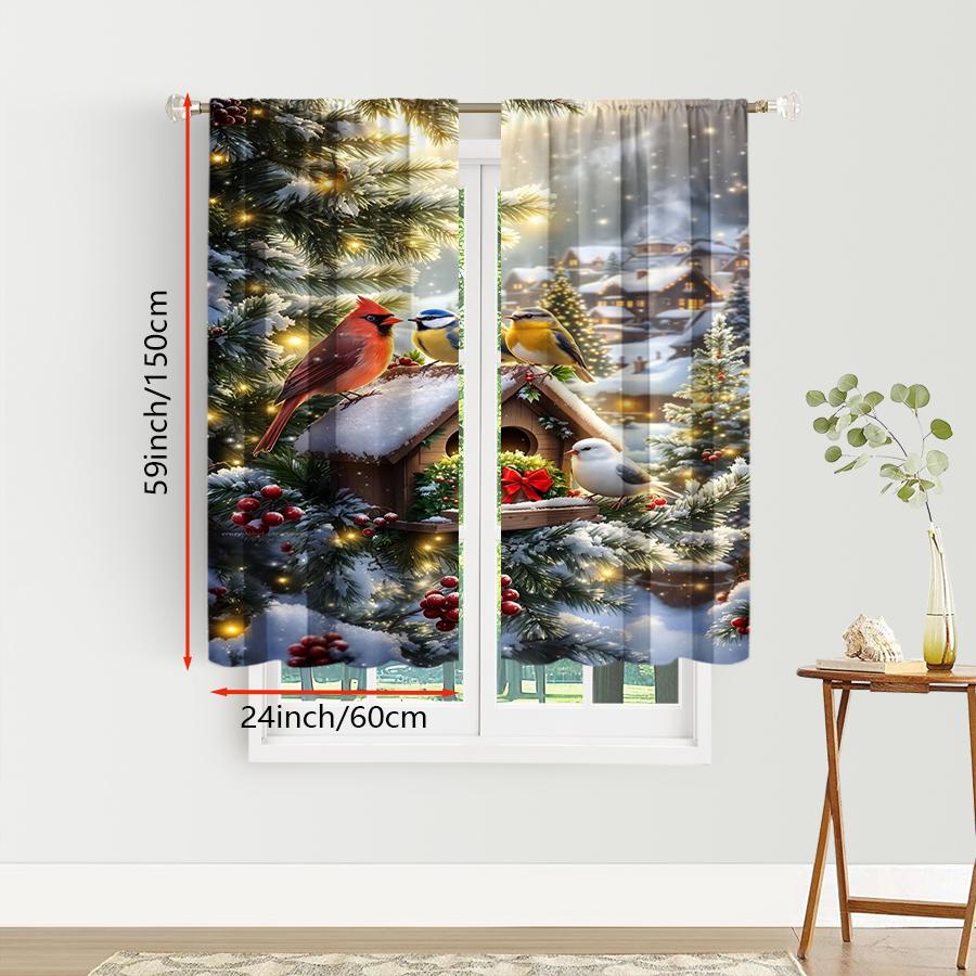 2PCS Digital Print Curtains, Snowy Forest Birdhouse Cardinal Chickadee White Bird Lights Berries, Warm Wildlife Scene Style - Ch
