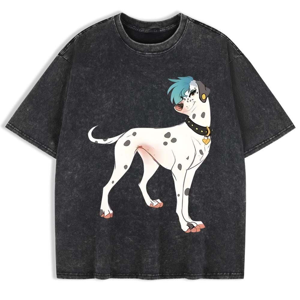 Japan Dalmatian Dog Prints Washed T-Shirts Mens Cotton Short Sleeve Tops Casual O-Neck Oversized T Shirt Summer Clothes