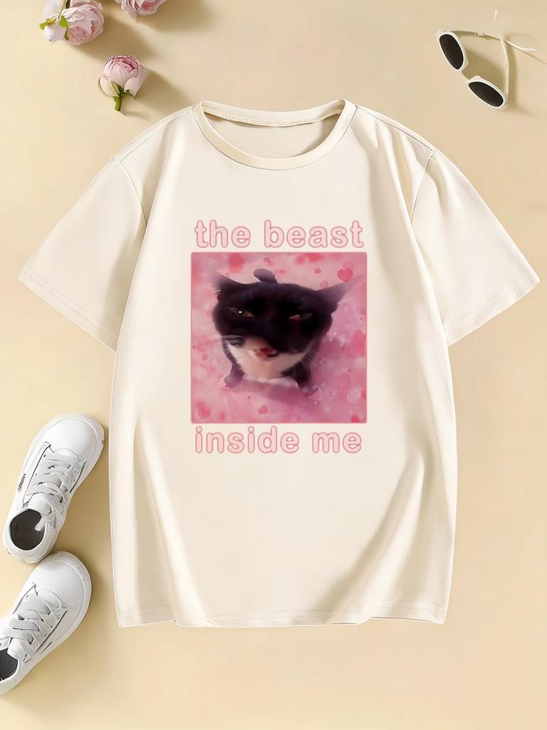 The Beast Inside Me Cat Meme Print T Shirts Cartoon pure cottonTshirt Unisex and Women 2026 Summer Spring Casual Top Tee