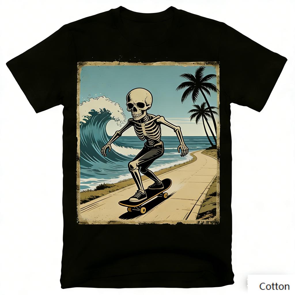 T-shirt Streetwear Scheletro Skater Stampa Skateboard Costiera Cotone Morbido Casual Unisex T-shirt Grafica Retrò Skateboard
