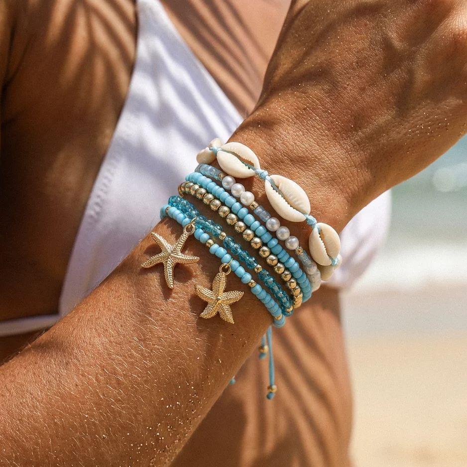 7Pcs Bohemia Multilayer Ocean Style Starfish Shell Beads Bracelets For Women Beach Vacation Stretchy Strand Chain Bangle Jewelry
