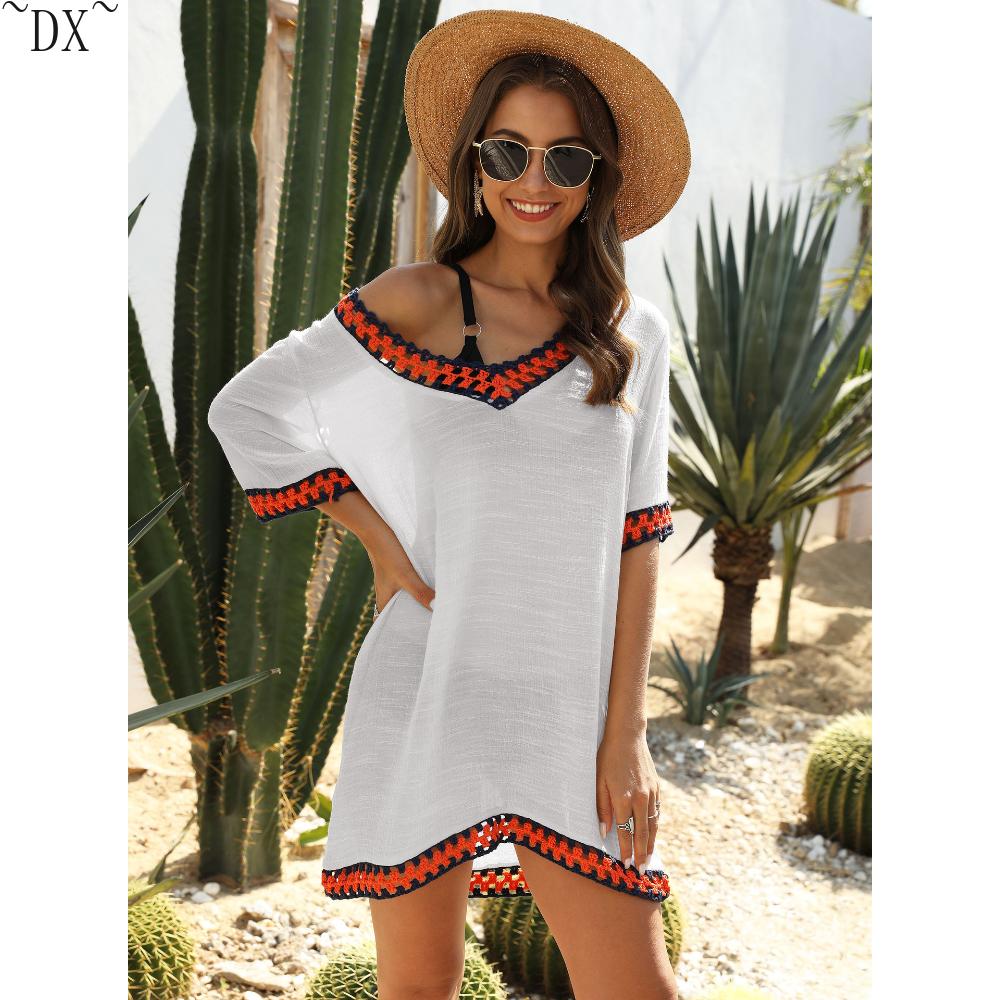 DX~Women's Sexy Hollow Out V-neck Short Sleeved Contrasting Hand Hook Patchwork Loose Beach Sun Protection Cover