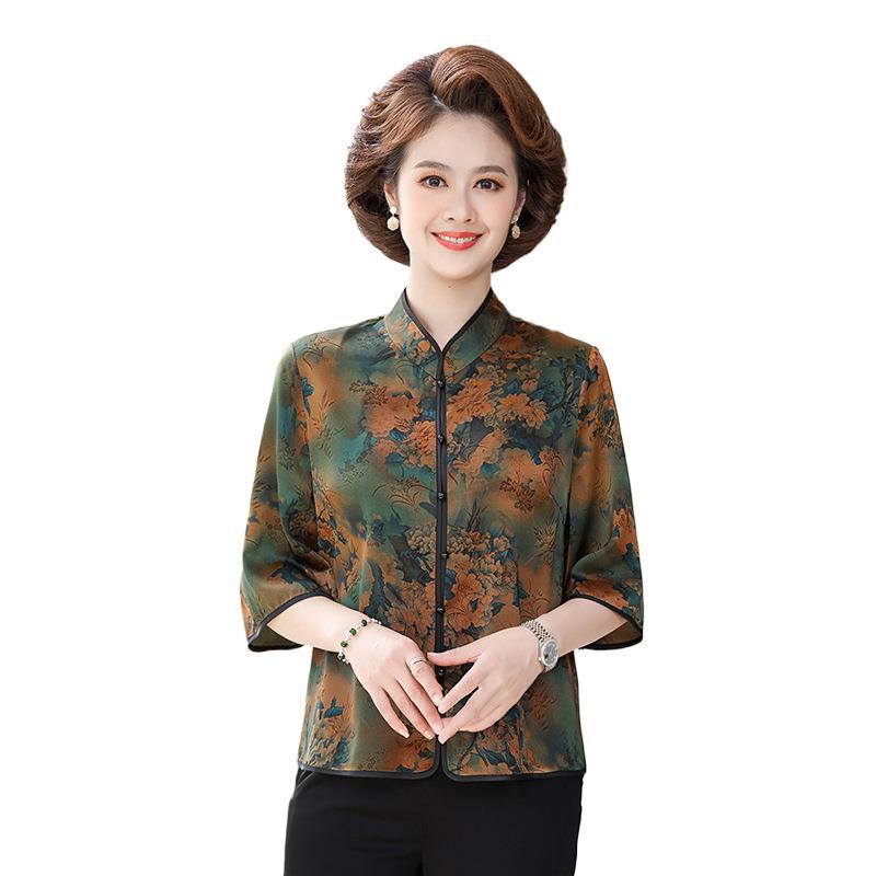 Xiangyunsha Chinese Style Silk Blouse - Mother's Day Edition, Women's Three-Quarter Sleeve, Summer Top in Genuine Mulberry Silk.