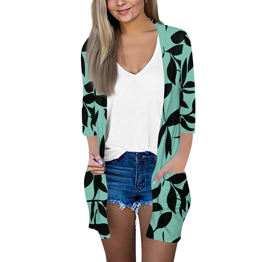 Women's Fashion Loose Casual Pocket Printed Cardigan Seven Sleeve Jacket Top