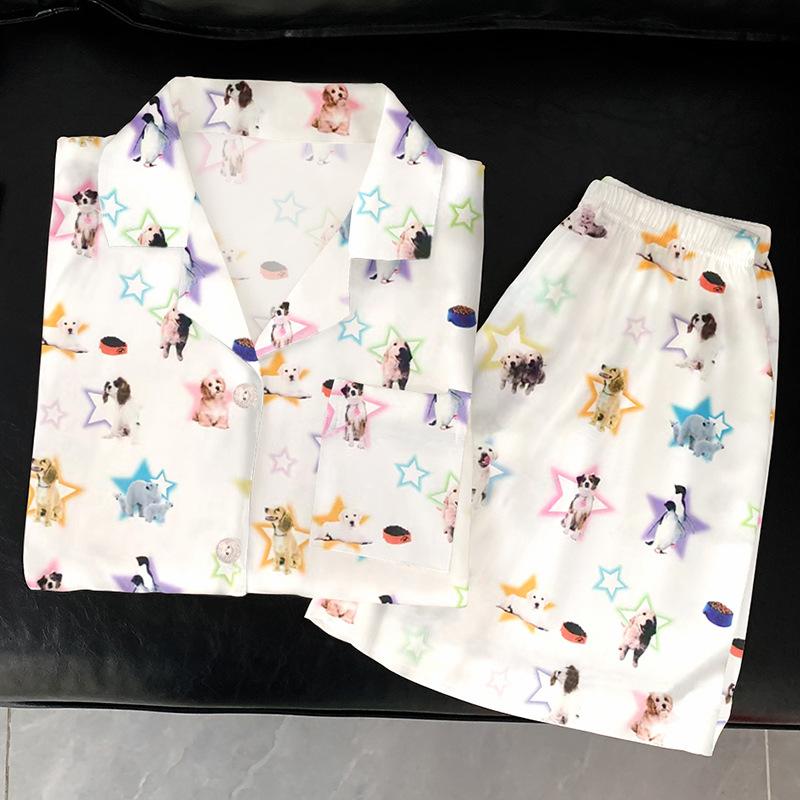 Happy Stars Cartoon Ice Silk Pajamas Women'S Summer High-End Loungewear Short-Sleeved Set