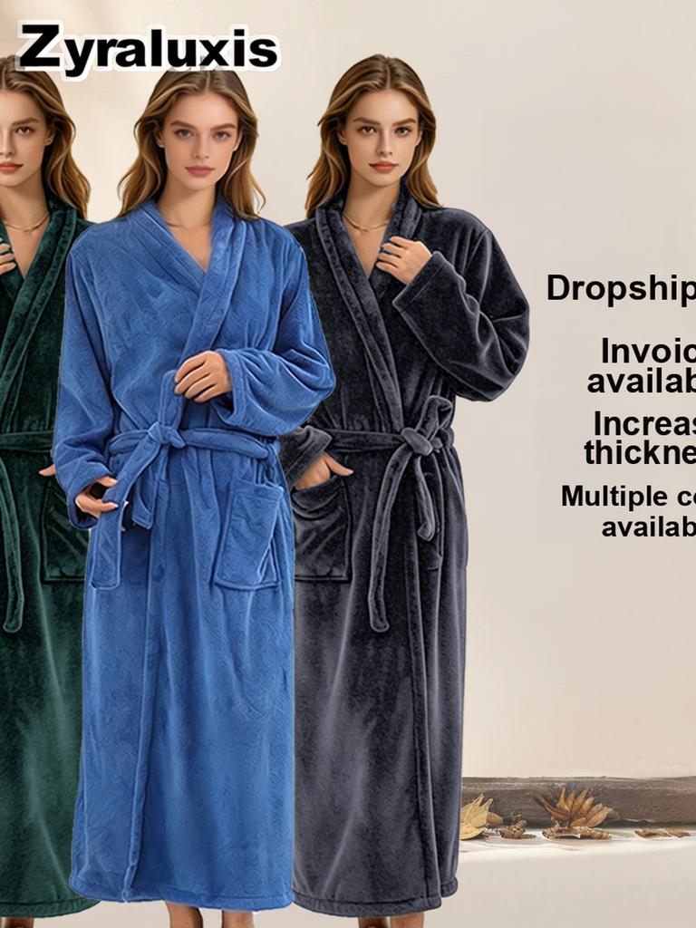Women's Ultra-Soft Coral Fleece Bathrobe with Warm Sherpa Lining for Winter Daily Wear