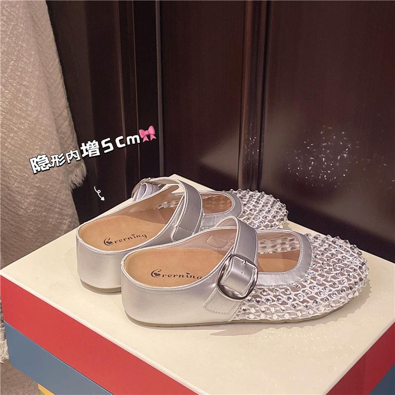 thick-soled inner height-increasing rhinestone bag head half slippers women's summer wear new fishing net shoes cool slippers single shoes