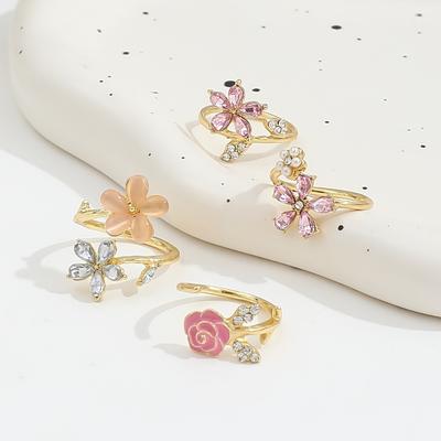 4 Pcs Simple Rhinestone Flower Rings Light Luxury Finger Jewelry Fashion Opening Finger Ring  Girls