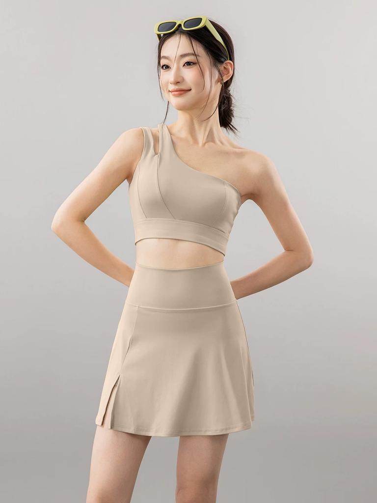 Asymmetrical One-Shoulder Yoga Bra with Removable Chest Pads, Beautiful Back Design, Elastic Quick-Dry Sports Bra, Running Fitness Skirt Two-Piece Set