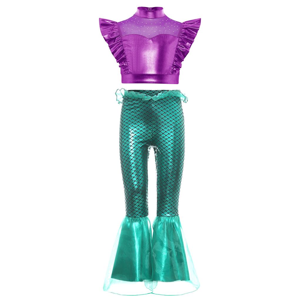 Costume da Sirena per Bambini 2 Pezzi Canotta Metallizzata Senza Maniche con Strass Crop Top Arricciato con Elastico in Vita Pantaloni a Zampa Arricciati Stampa a Squame di Pesce