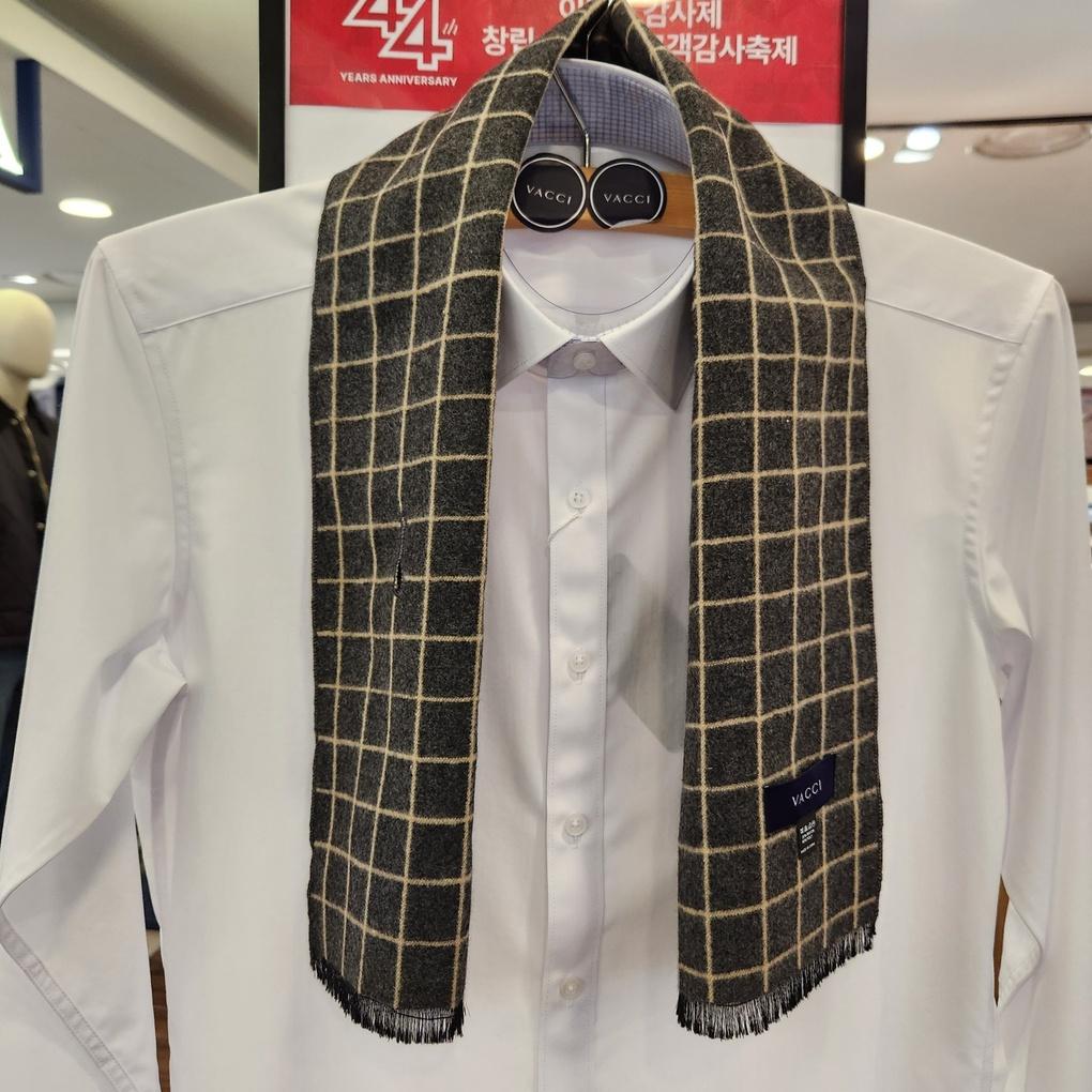 Men's Winter Petite Check Muffler, Rayon Blend, Beige Fine-line Square Check Slim Muffler, VM1N4BS105G0