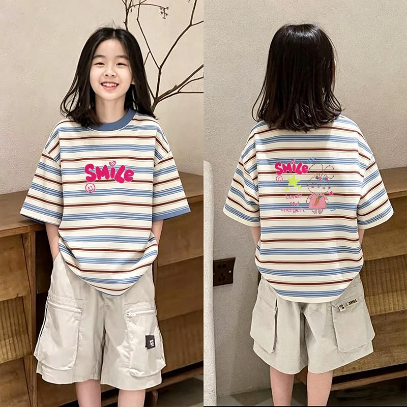 Girls' Korean Style Color Block Stripe Short Sleeve T-shirt