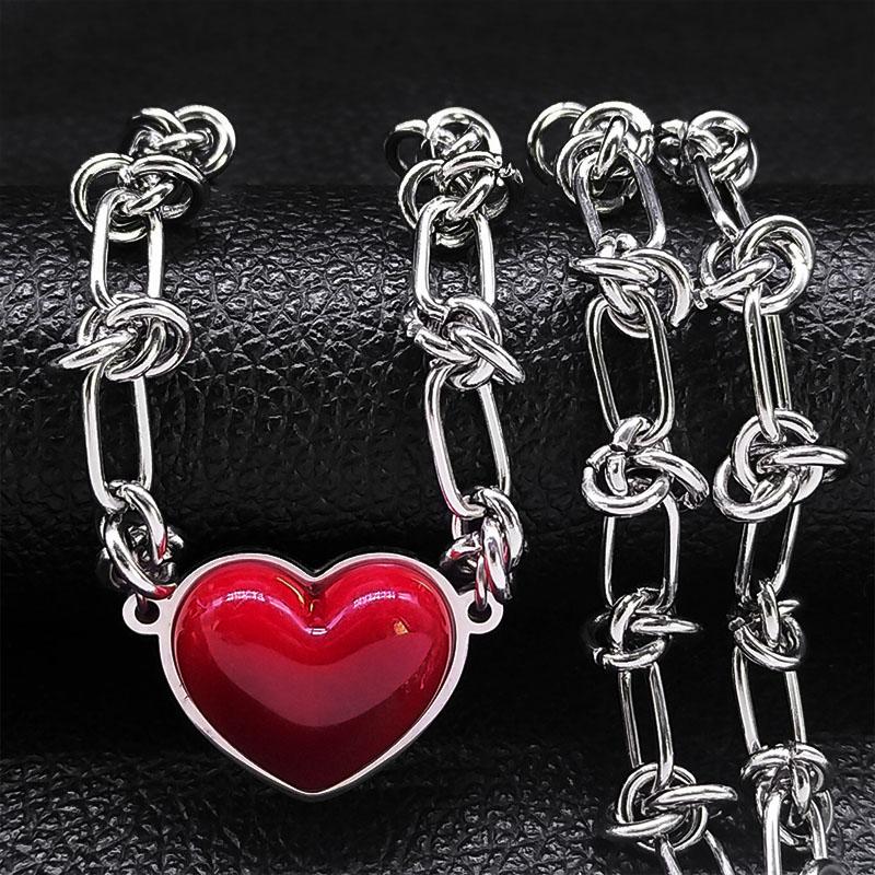 

Punk Love Red Heart Pendant Necklace for Women Kpop Stainless Steel Hip Hop Fashion Party Aesthetic Necklace Jewelry Set Gifts 50CM
