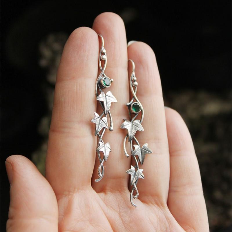 Vintage Ivy Elven Leaf Earrings For Women Silver Color Metal Crystal Earrings Female  Custom Jewelry