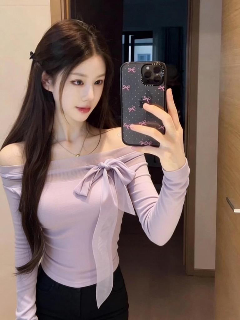 Women's Purple Mesh Lace-Up One-Shoulder Knit Top - Autumn/Winter, Slim-Fit, Off-Shoulder Long Sleeve, Stunning Pure Desire Style
